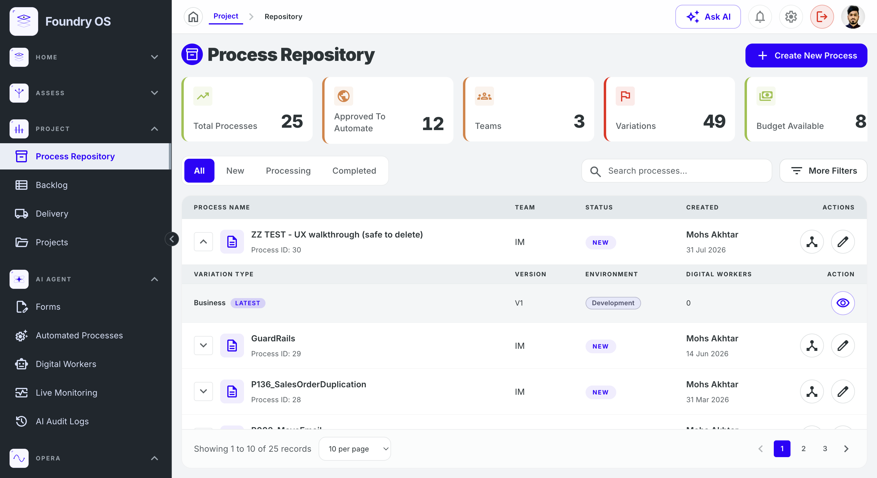 Process Repository listing organisational processes with totals, status tabs, and an expanded variation row